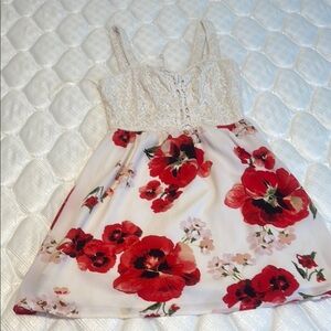 Red and White Floral Chemise with Lace Top